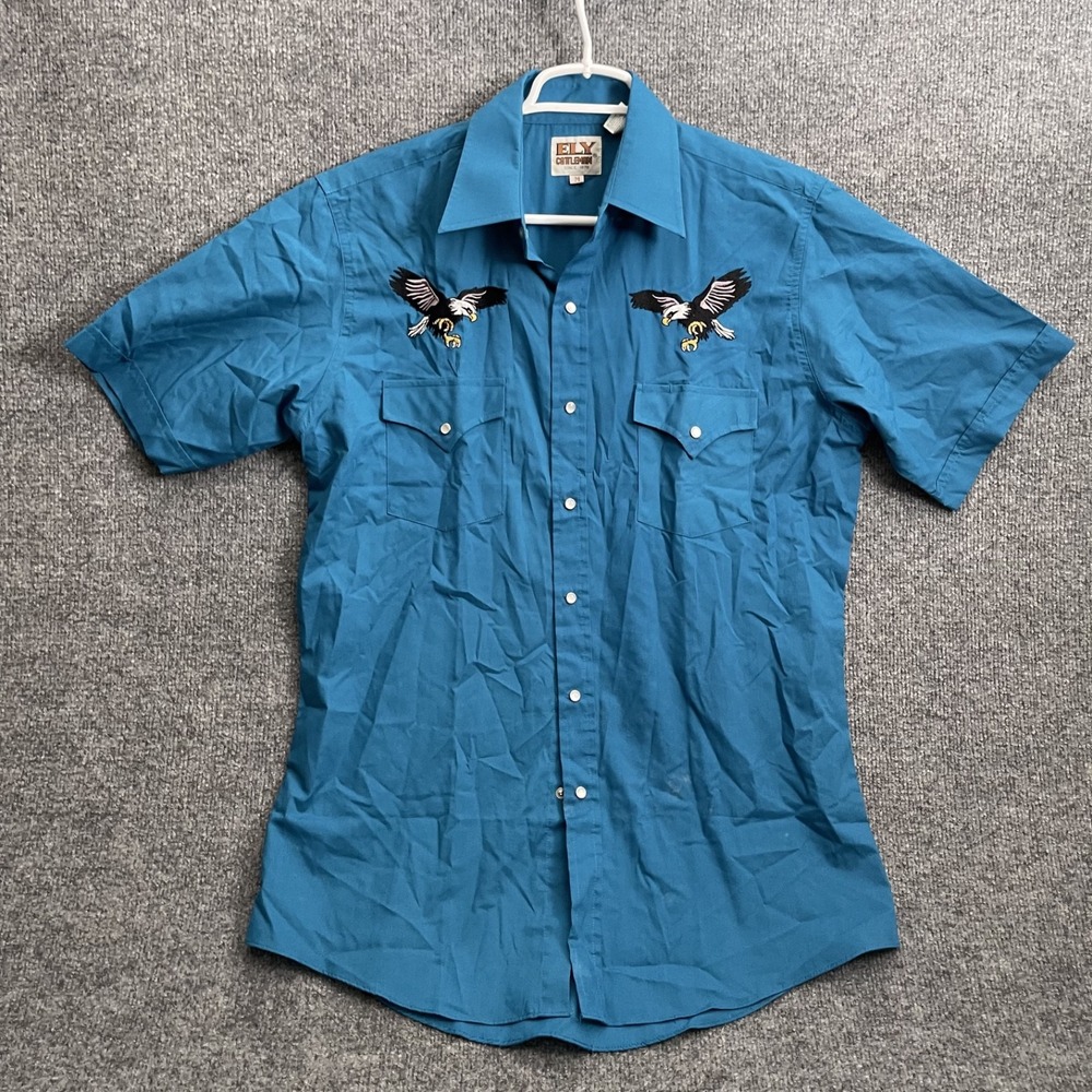 Ely Cattleman Western Pearl Snap Shirt Mens Sz M Teal Blue Embroidered Eagle